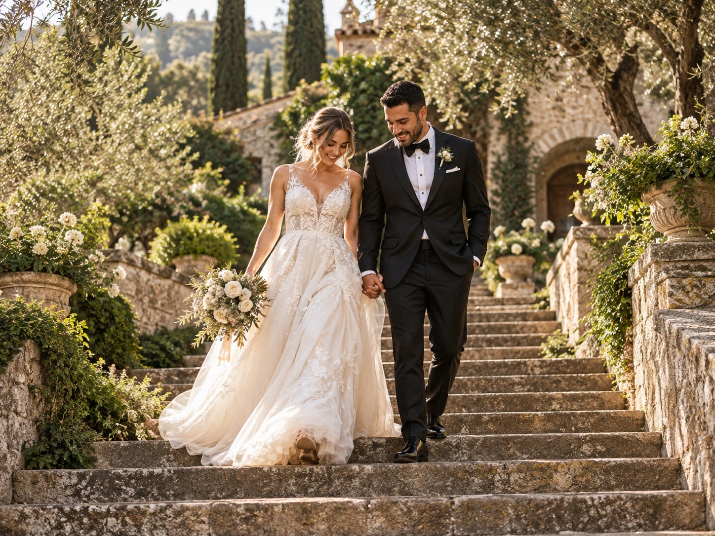 Filme de casamento: noivos em um jardim